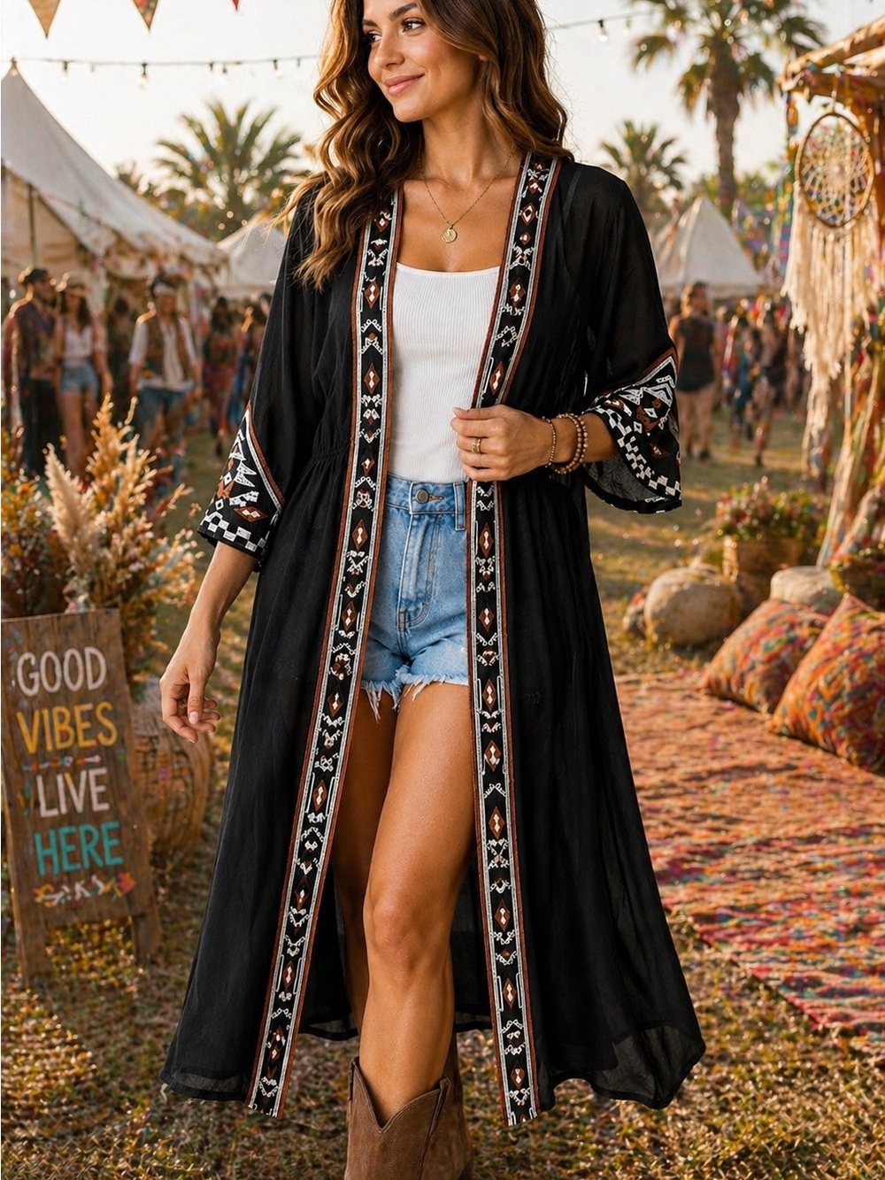 Settledown Embroidered Open Front Kimono Cardigan Aztec Festival Boho Size S